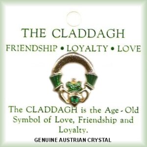 Irish Claddagh Pin With Emerald Crystal Stone