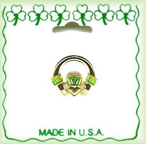 Irish Claddagh Lapel Pin in Gold Plate & Irish Green