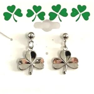 Irish Shamrock Dangle Pierced Earrings in Silver Plate