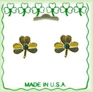 Irish Shamrock Gold Plated Pierced Earrings With Crystal Stones