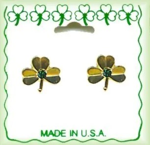 Irish Shamrock Gold Plated Pierced Earrings With Crystal Stones
