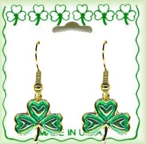 Irish Shamrock Dangle Earrings in Gold Plate