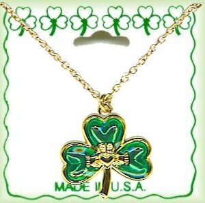 Irish Claddagh in Shamrock 18 Inch Necklace Gold Plated
