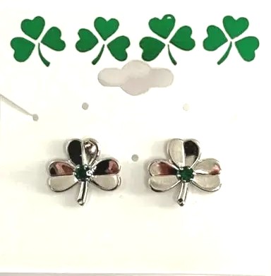 Irish Shamrock Pierced Earrings With Crystal Stones in Silver Plate