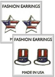 USA Flag Color Star & Uncle Sam Hat Pierced Earrings in 3 Dozen Display